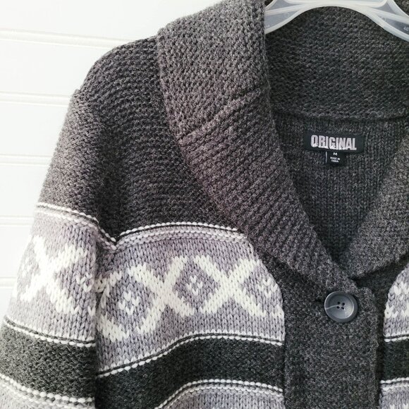 Nicole Miller Cardigan Sweater Size M Gray Fairisle Grandpa Sweater Pockets - Picture 4 of 9